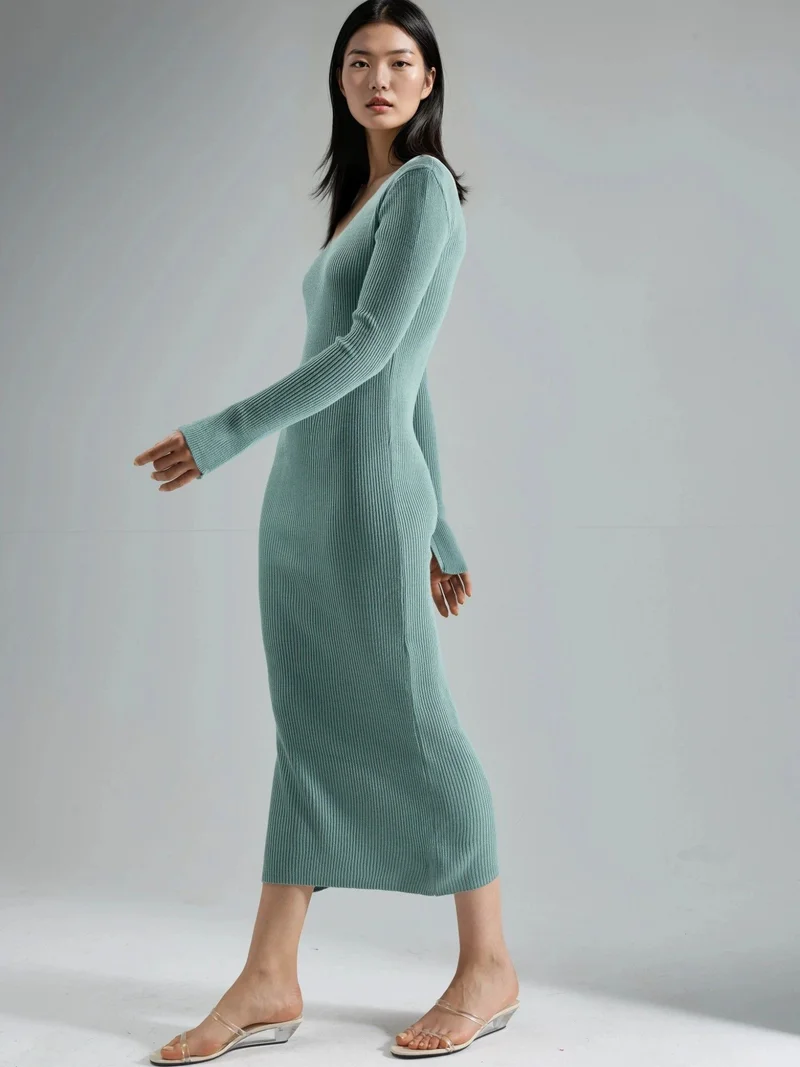 MY FASHION Mint Green MY FASHION V-Neck Textured Maxi Knit Dress with Slit for Women | Best Price UAE